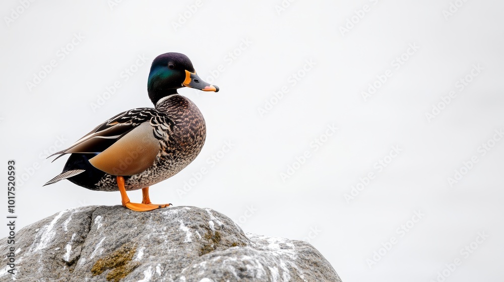 Obraz premium A male Harlequin Duck perched on a jetty rock with an almost solid white background on an overcast day