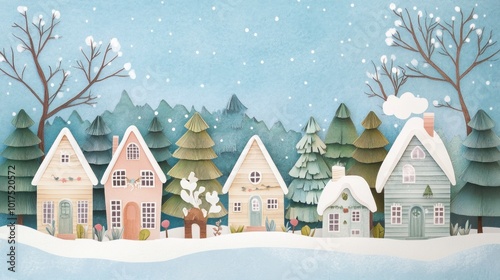 Paper-style winter houses with snowy rooftops and cozy details, charming winter scene