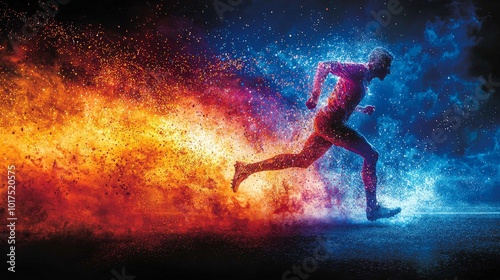 A dynamic figure running amidst vibrant colors representing energy and motion.