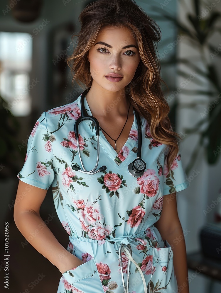 A nurse wearing floral scrubs with a stethoscope around her neck. A nurse wearing floral scrubs with a stethoscope around her neck.