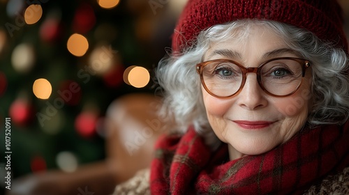 Portrait of a smiling senior woman wearing a red knitted hat and scarf, with a Christmas tree in the background.