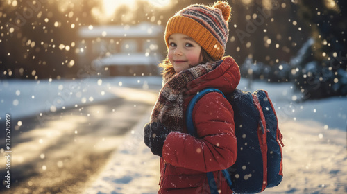 child walking to school for the first time in winter, wearing a warm coat, hat, and scarf, holding a new backpack tightly