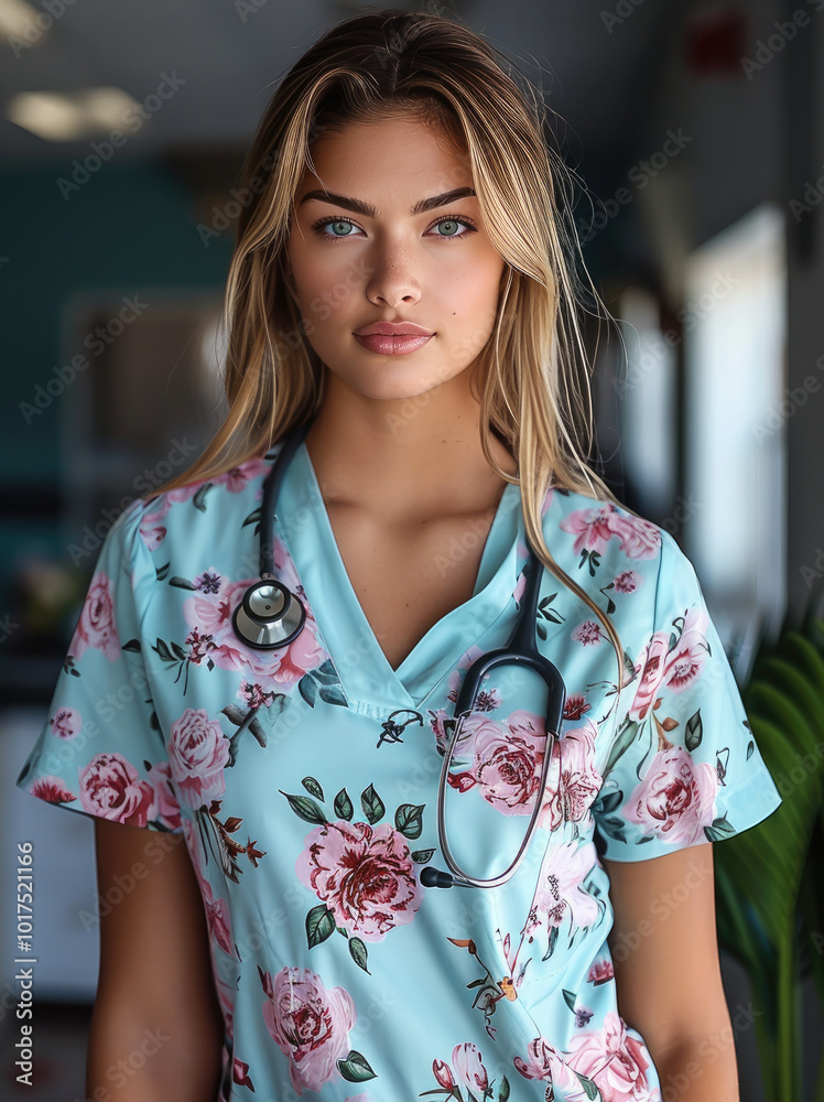 A nurse wearing floral scrubs with a stethoscope around her neck. A nurse wearing floral scrubs with a stethoscope around her neck.