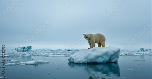 A polar bear stands on an ice floe, surrounded by vast icy waters and distant icebergs under the cold, cloudy skies of the Arctic, symbolizing the beauty and fragility of its habitat. Generative AI photo