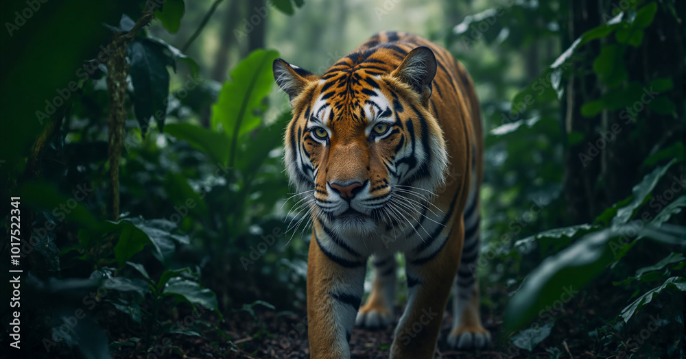The ferocious tiger strides confidently through the lush, vibrant forest, its sharp gaze staring ahead. Lush green trees surround the predator. Generative AI The ferocious tiger strides confidently through the lush, vibrant forest, its sharp gaze staring ahead. Lush green trees surround the predator. Generative AI