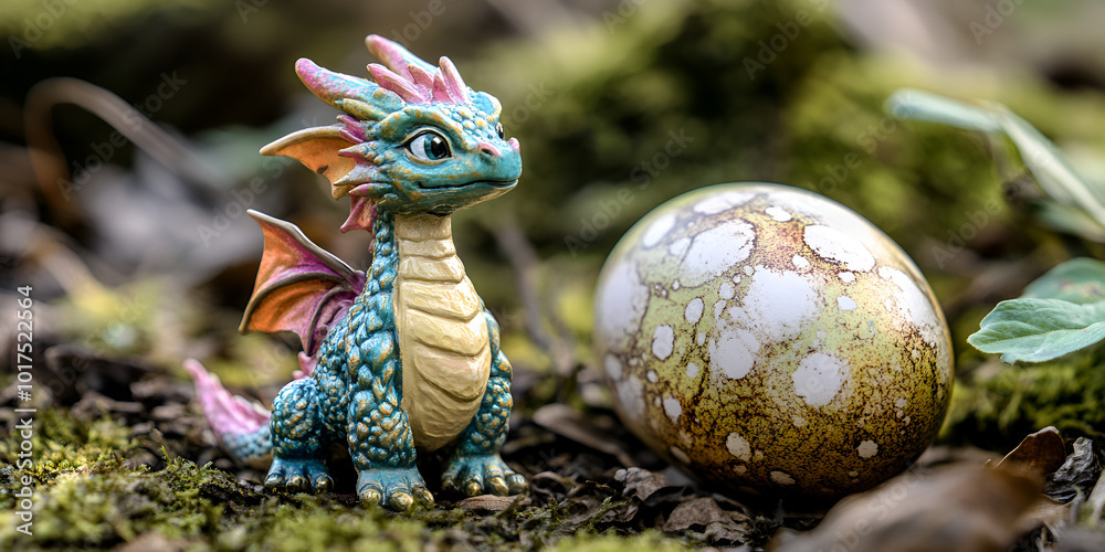 Obraz premium Colorful Fantasy Dragon Guarding Its Egg in a Magical Forest
