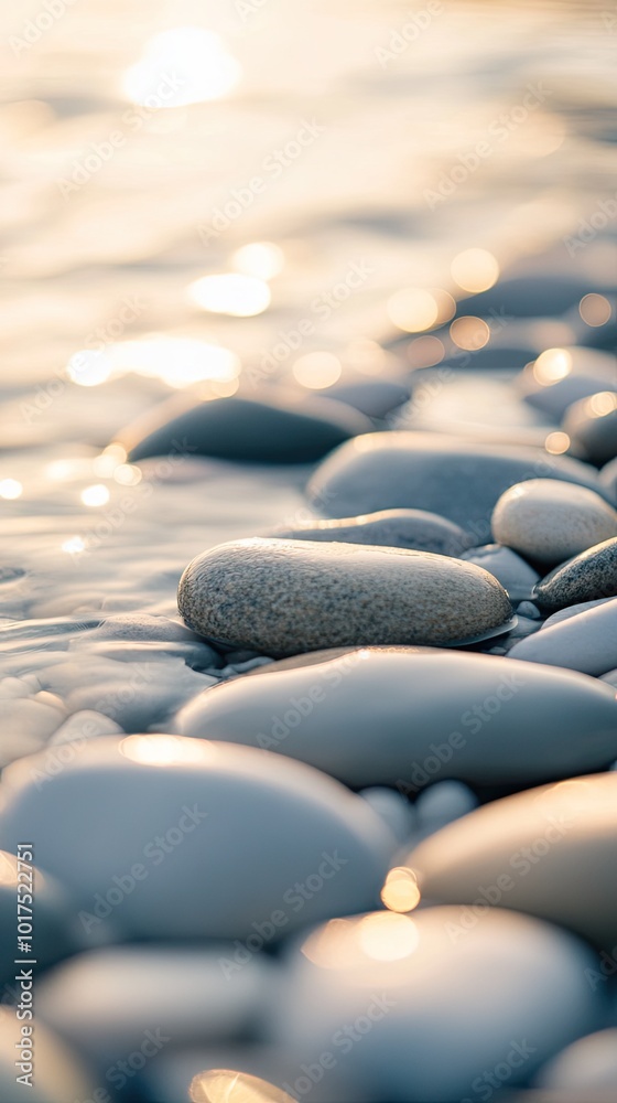 Fototapeta premium A serene close-up of smooth pebbles along a tranquil shoreline, glistening in soft natural light, creating a calming atmosphere.