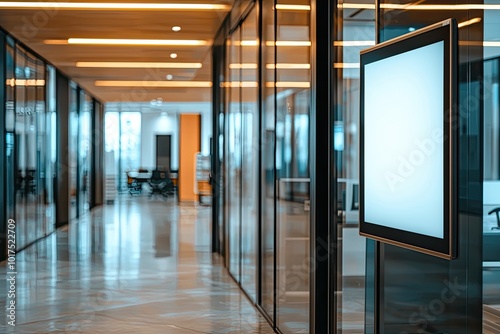 A modern office corridor featuring glass walls and digital signage, ideal for showcasing professional workspace design.