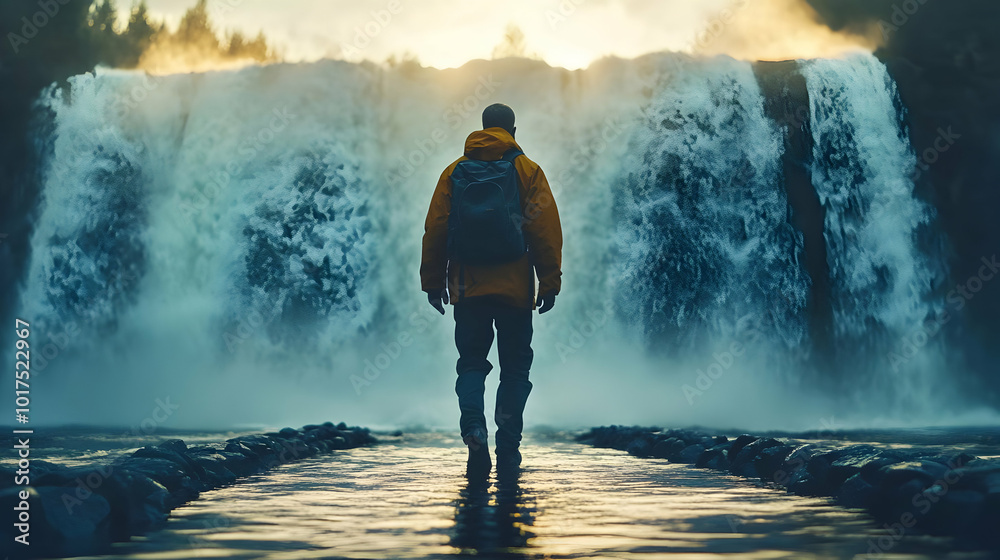 Fototapeta premium Man Walking Towards Waterfall.