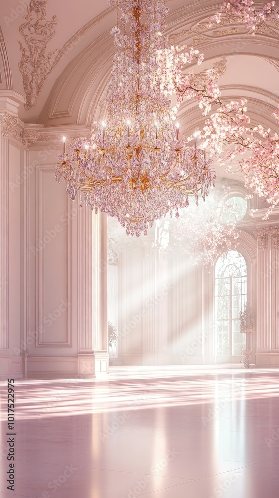 A stunning interior with a chandelier, soft light, and delicate cherry blossoms, creating an elegant and dreamy atmosphere. A stunning interior with a chandelier, soft light, and delicate cherry blossoms, creating an elegant and dreamy atmosphere.