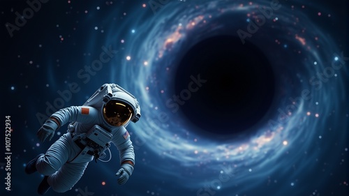 An astronaut in outer space in a spacesuit is dragged into a black hole