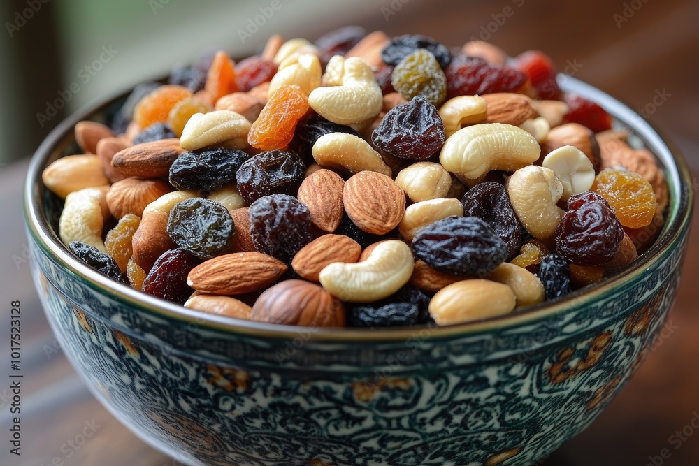 A vibrant bowl filled with an assortment of dried fruits and nuts, perfect for healthy snacks and recipes. A vibrant bowl filled with an assortment of dried fruits and nuts, perfect for healthy snacks and recipes.