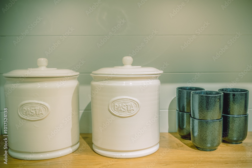 White Pasta Containers and Black Cups Set