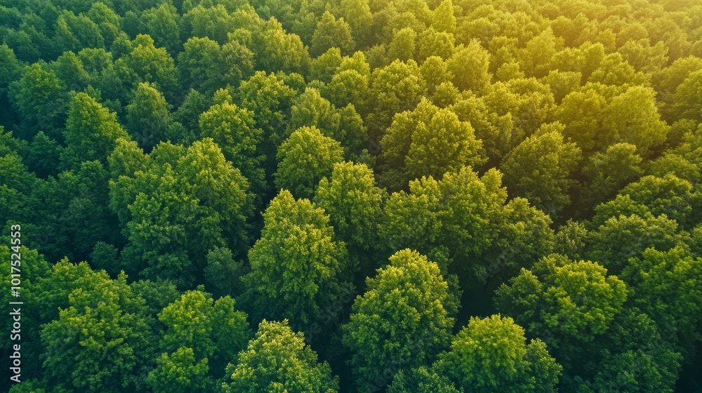 Naklejka premium Summer in forest aerial top view Mixed forest green deciduous trees Soft light in countryside woodland or park Drone shoot above colorful green texture in nature High quality photo