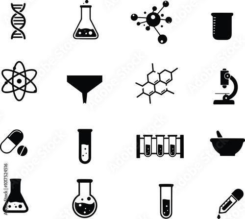 Chemistry lab icon set. Included icons as Chemical, formula, Medical analysis, Laboratory test flask. Atom, Flask, Experiment, Research, DNA, chain, microscope, molecule symbols.