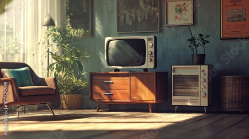 A cozy living room featuring vintage decor, a retro TV, and houseplants.