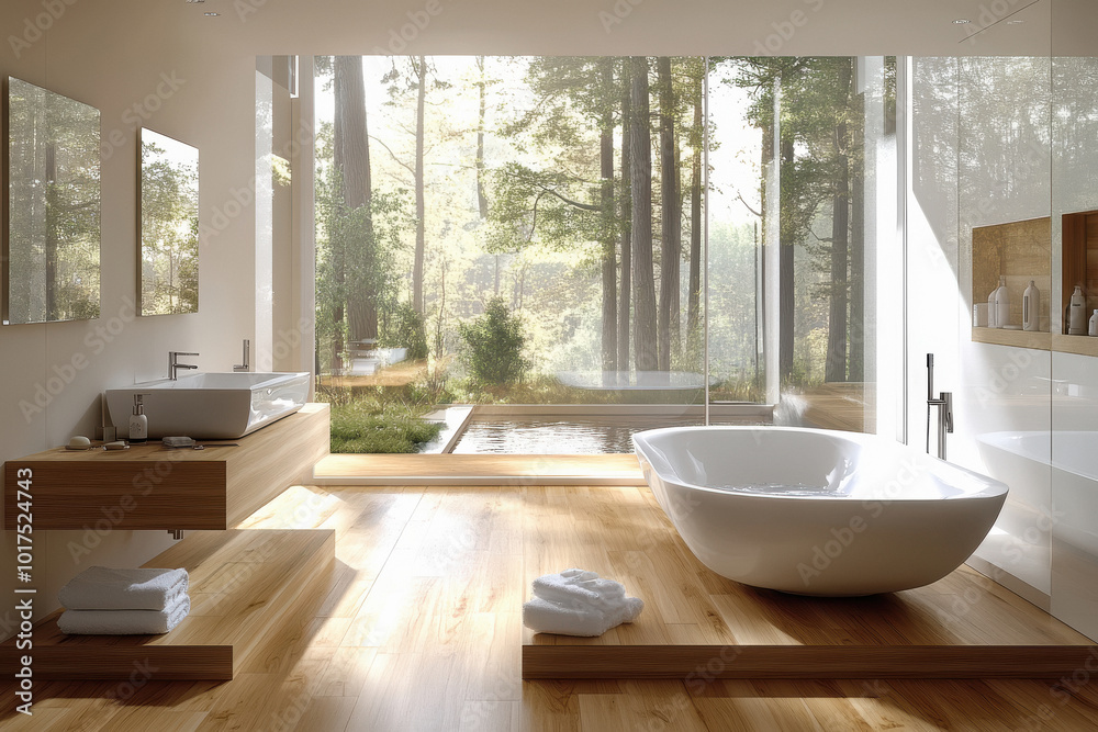 Fototapeta premium a modern Bathroom with a wooden floor, white furniture and iconic sink