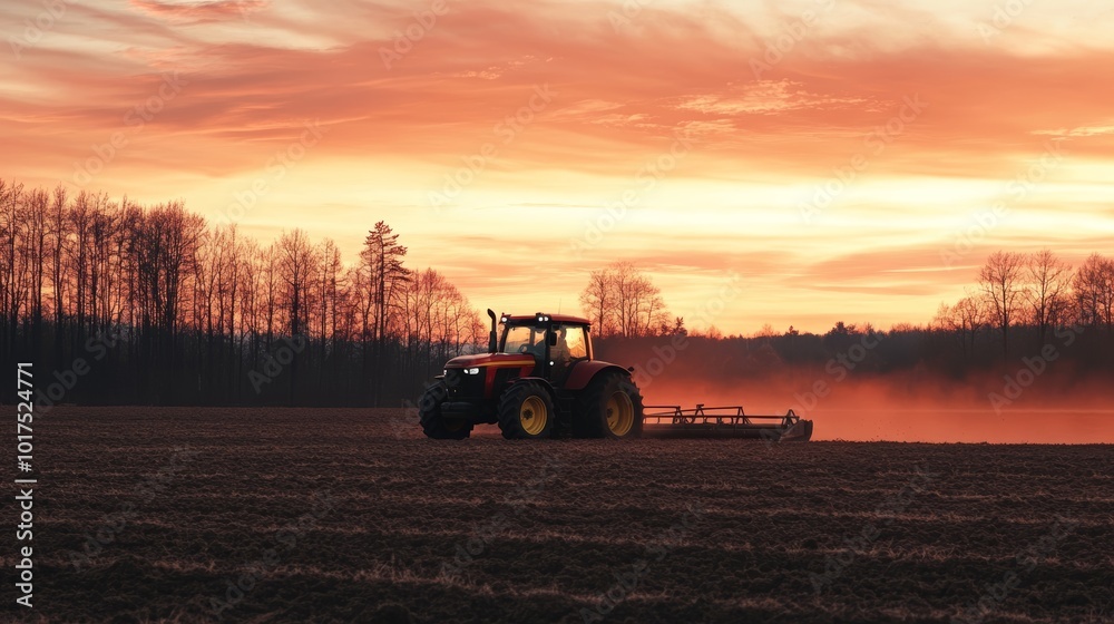 Fototapeta premium Tractor at Sunset: A Serene Agricultural Landscape Capturing the Harmony of Nature and Farming