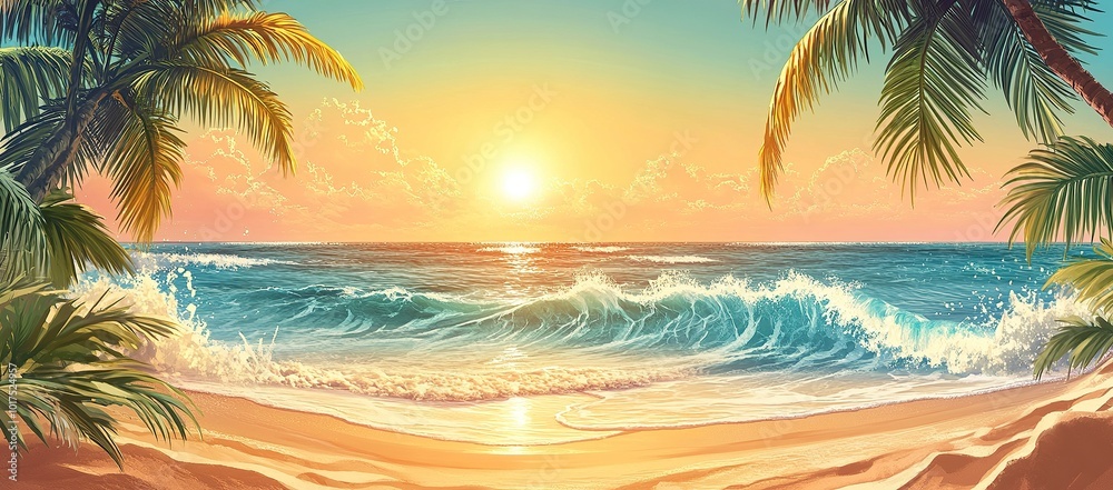 Obraz premium A beautiful beach with palm trees and waves in the background, with a clear sky at sunset