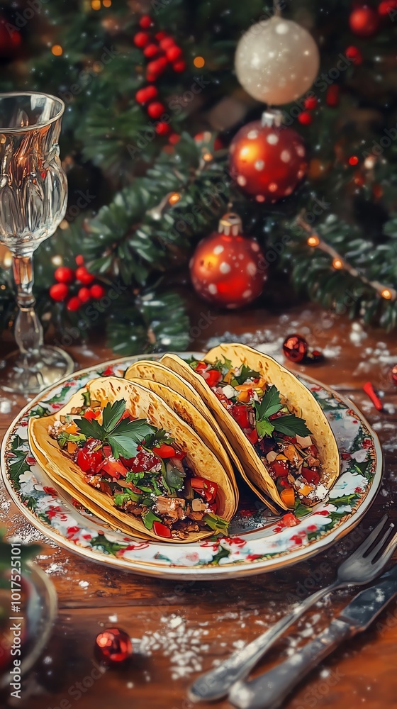 Fototapeta premium Delicious tacos filled with fresh ingredients, set against a festive Christmas backdrop.