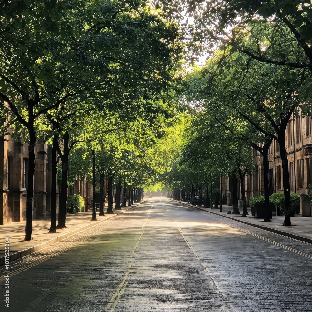 Empty Street with Trees and Sunbeams. Empty Street with Trees and Sunbeams.