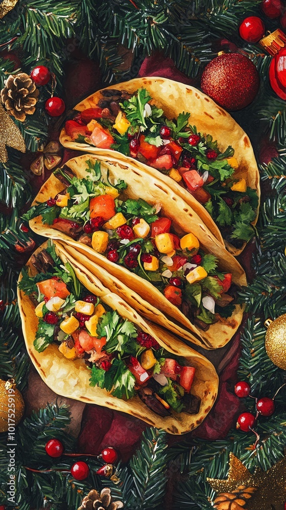 Fototapeta premium Colorful tacos filled with fresh vegetables and herbs, surrounded by festive decorations.