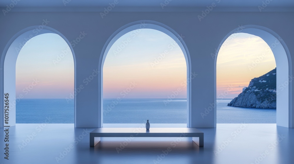Fototapeta premium Serene Seaside View Through Arched Windows