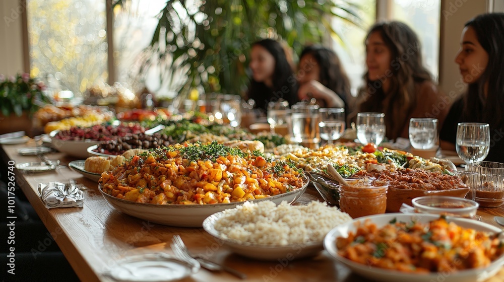 A festive table filled with various dishes, showcasing a communal meal among friends. A festive table filled with various dishes, showcasing a communal meal among friends.