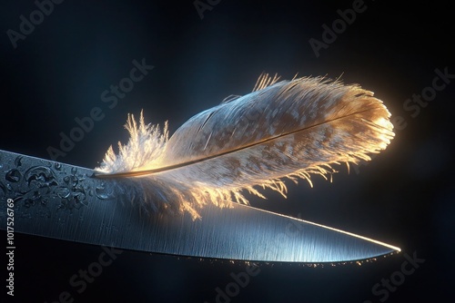 A delicate feather balancing on the edge of a knife blade, illuminated by soft, natural light, with an intricate display of textures and fine details. photo