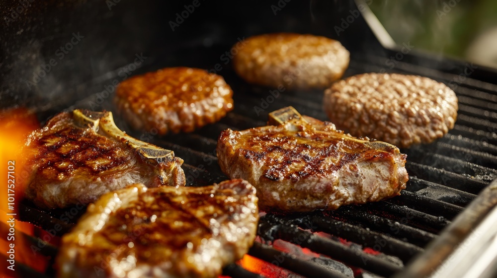 Pork Chops and Hamburg Patties Cooking on a Grill Pork Chops and Hamburg Patties Cooking on a Grill