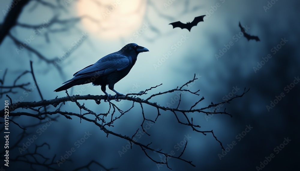 Fototapeta premium A dark silhouette of a raven perched on a branch with bats flying in a misty night sky under the moonlight.
