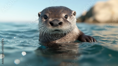 Adorable River Otter Swimming in Blue Water Wildlife Photography