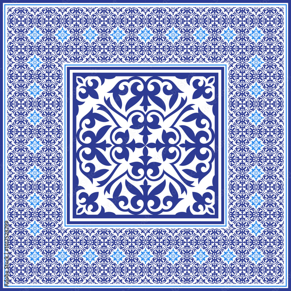 Obraz premium Geometric Moroccan Seamless Pattern Arabesque blue, white. Moroccan azulejo pattern, majolica tile,Talavera, Damask. Portuguese azulejo tile pattern floral ornament, Mediterranean ceramic, patchwork