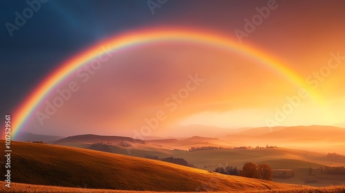 A vibrant rainbow arches over rolling hills during a beautiful sunset, showcasing nature's stunning colors and serenity.