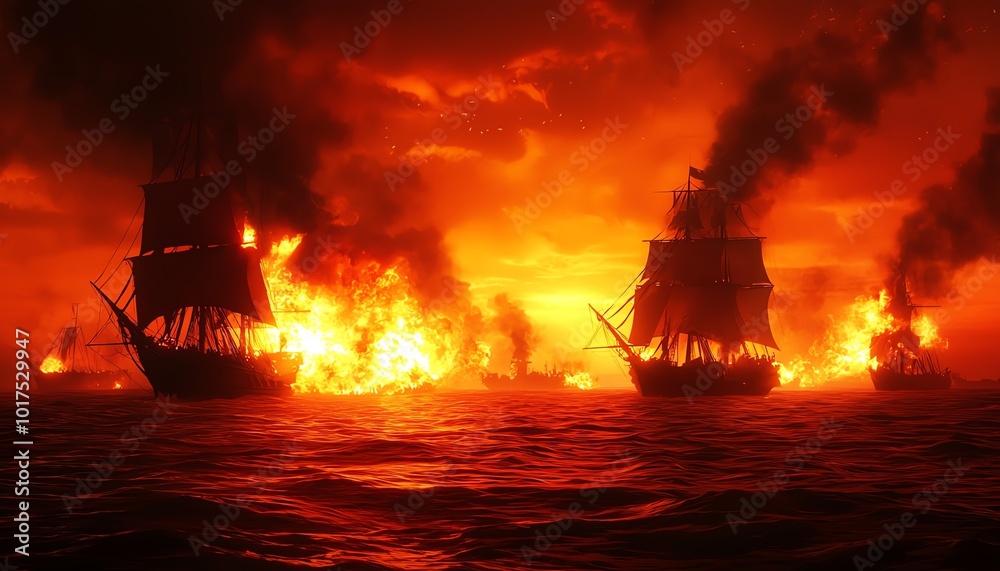 Obraz premium Historic ships ablaze on a fiery ocean, capturing a dramatic and intense maritime scene.