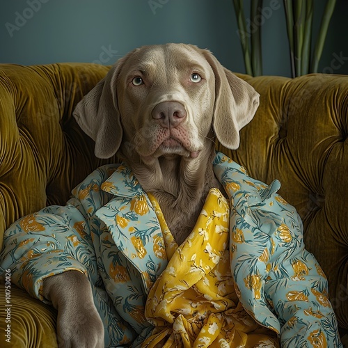 A Weimaraner dog sits primly in a plush armchair, sporting a stylish floral robe. The dog's serious expression and elegant attire add a touch of humor to the scene. photo