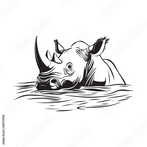 Rhino swimming in a waterhole Stock image vector isolated on white background.