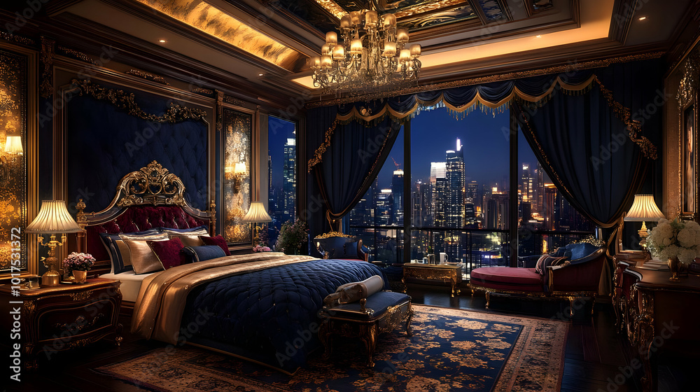 Luxurious Bedroom with City View at Night. Luxurious Bedroom with City View at Night.