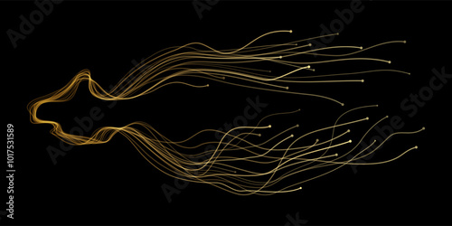 Vector abstract light lines wavy flowing dynamic in gold gradient isolated on black background for concept of luxury, AI technology, digital, communication, 5G, science, music