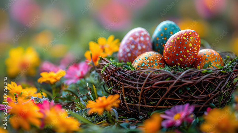 Close-up of colorful Easter eggs arranged in a basket, with spring flowers in the background Close-up of colorful Easter eggs arranged in a basket, with spring flowers in the background