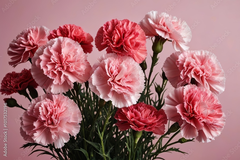 there are pink and white carnations in a vase on a pink background