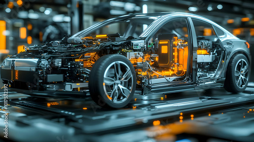 Electric Car Interior with Battery and Engine Exposed.