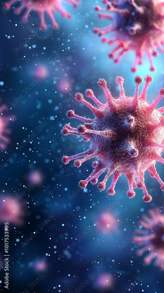 Fototapeta premium Colorful microscopic virus on a dark background, depicting viral infection.