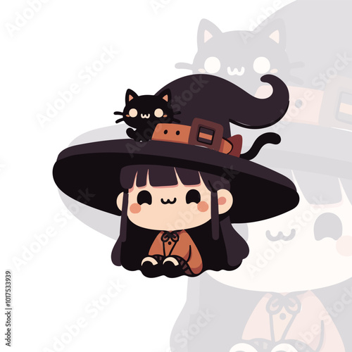 Chibi Witch with a Black Cat on Her Hat