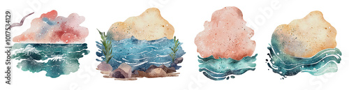 Watercolor set with ocean waves, hand drawn illustrations water splashes isolated on white background