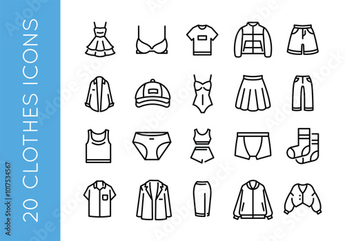 Clothing icons. Set of 20 trendy minimal clothing icons. Example: Dress, Bra, Jacket, Shirt, Skirt icon. Design signs for web page, mobile app, packaging design. Vector illustration