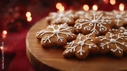 Gingerbread cookies with icing, arranged on a wooden table with a deep crimson background and glowing Christmas lights, copy space, Merry Christmas background, festive food display, holiday cookie