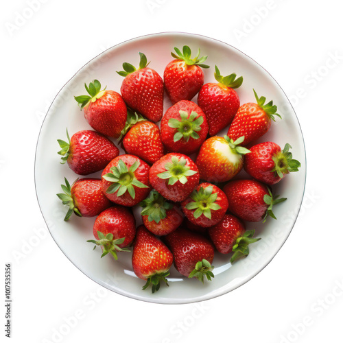 Strawberries on white plate top view isolated on transparent background