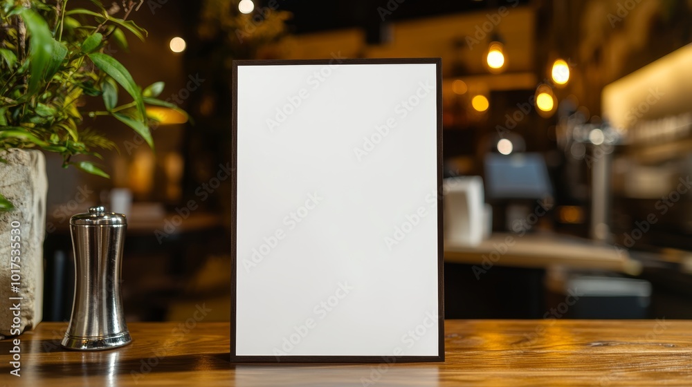 Mock up menu frame standing on wood table in bar restaurant cafe space for text menu mack up blank for text marketing promotion Mock up menu frame standing on wood table in bar restaurant cafe space for text menu mack up blank for text marketing promotion
