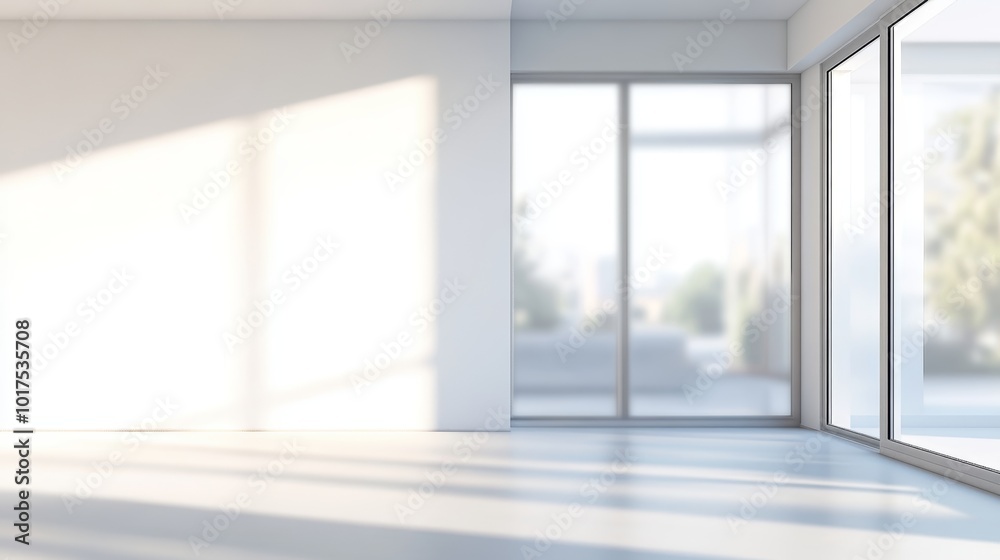 Fototapeta premium Empty room with white walls and large window blurred view banner design